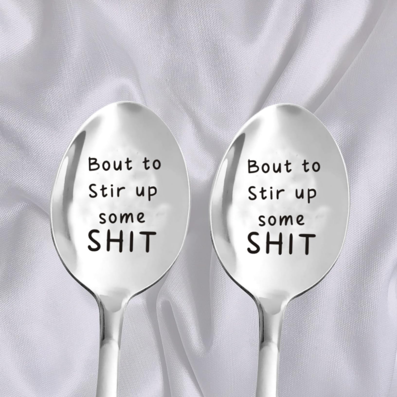 ALONURISH 2PCS Funny Laser Engraved Spoons, Bout To Stir Up Some Shit, Christmas Birthday Gifts for Mom/Grandma/Grandpa/best Friend, 7*1.57 inches, Silver, YANG-N99