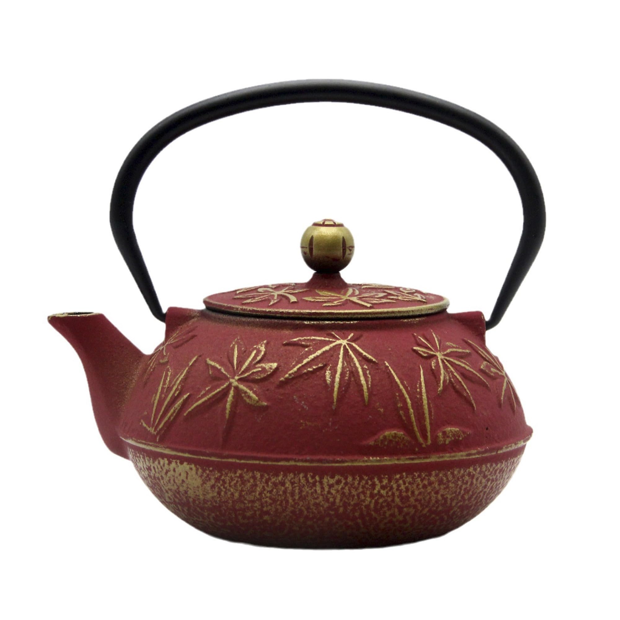 SECHUDO Cast Iron Teapot Tea Kettle with Stainless Steel Infuser for Stovetop Safe Coated with Enameled Interior Japanese Red Tetsubin with Maple Leaves Pattern(30.4oz/900ml)