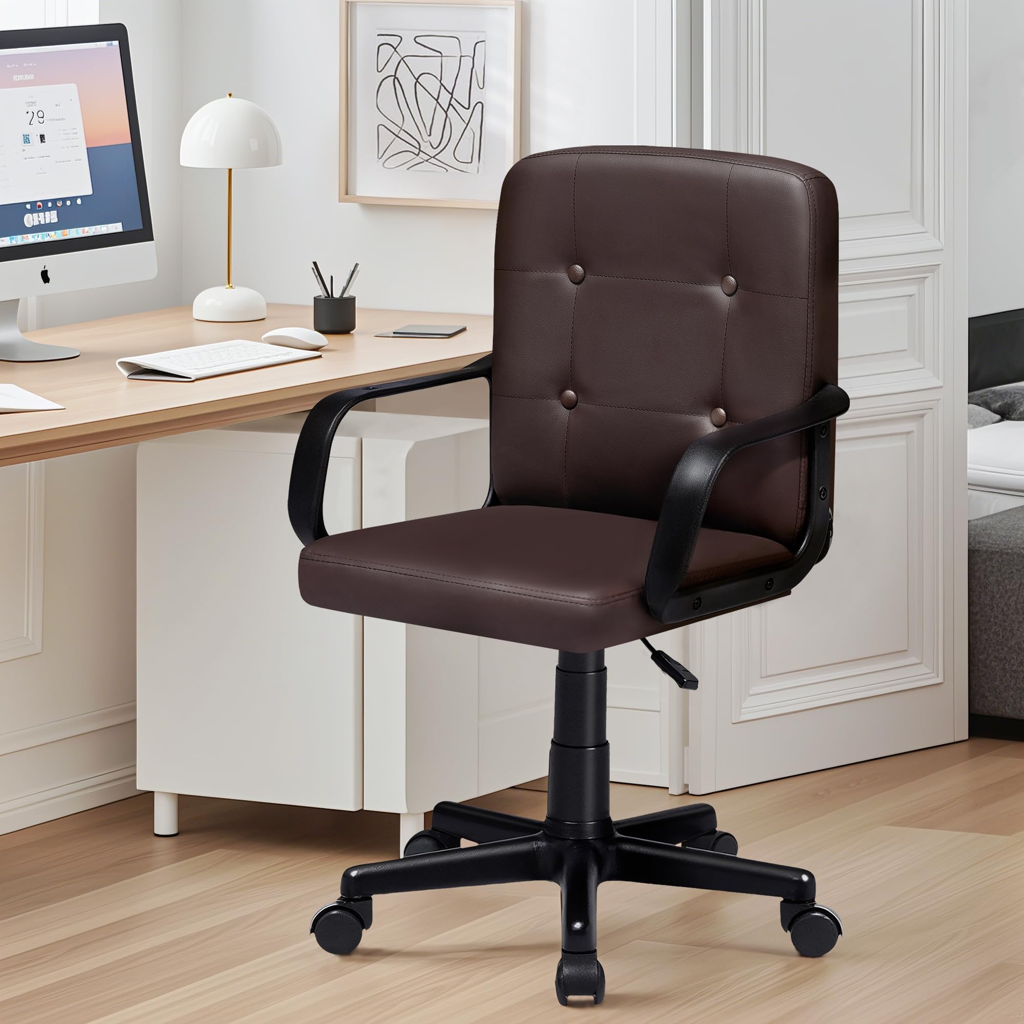 VECELO Desk Chair, Home Office Swivel Chairs PU Leather Height Adjustable with Wheels, Coffee