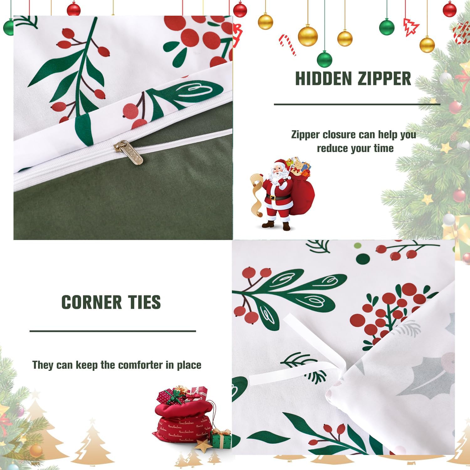 WONGS BEDDING Christmas Duvet Cover Set King,Merry Christmas Holly Berry Printed Bedding Duvet Cover,3 Pieces New Year Bedding Set with 2 Pillowcases 104”X 90”