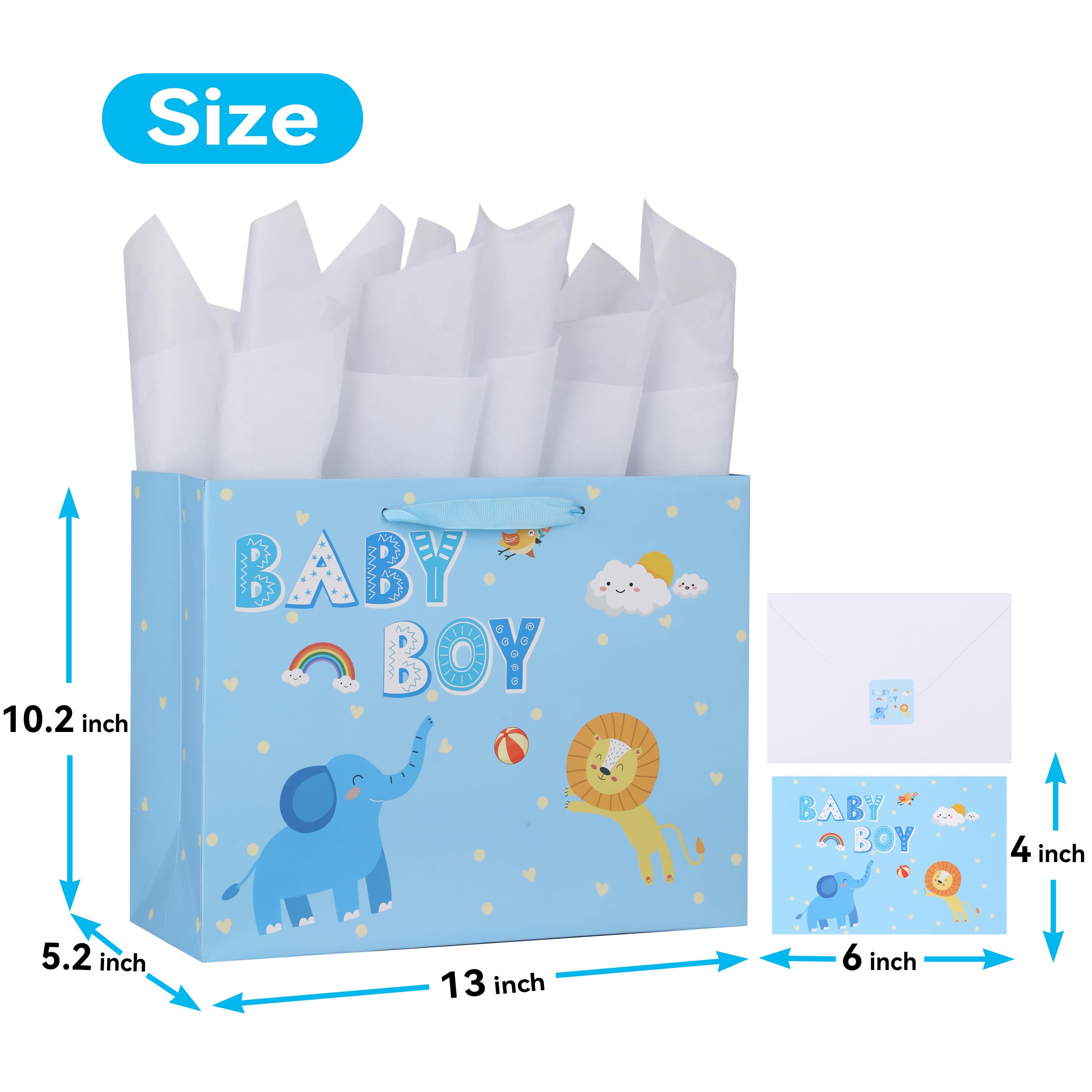 13" Large Blue Gift Bag Set with Greeting Card and Tissue Paper(Elephant and Lion Design) for Baby Boy,Baby Shower,Kids Birthday Party,Newborn,New Moms or Parents - 13” x 5.2” x 10.2”, 1 Pcs.