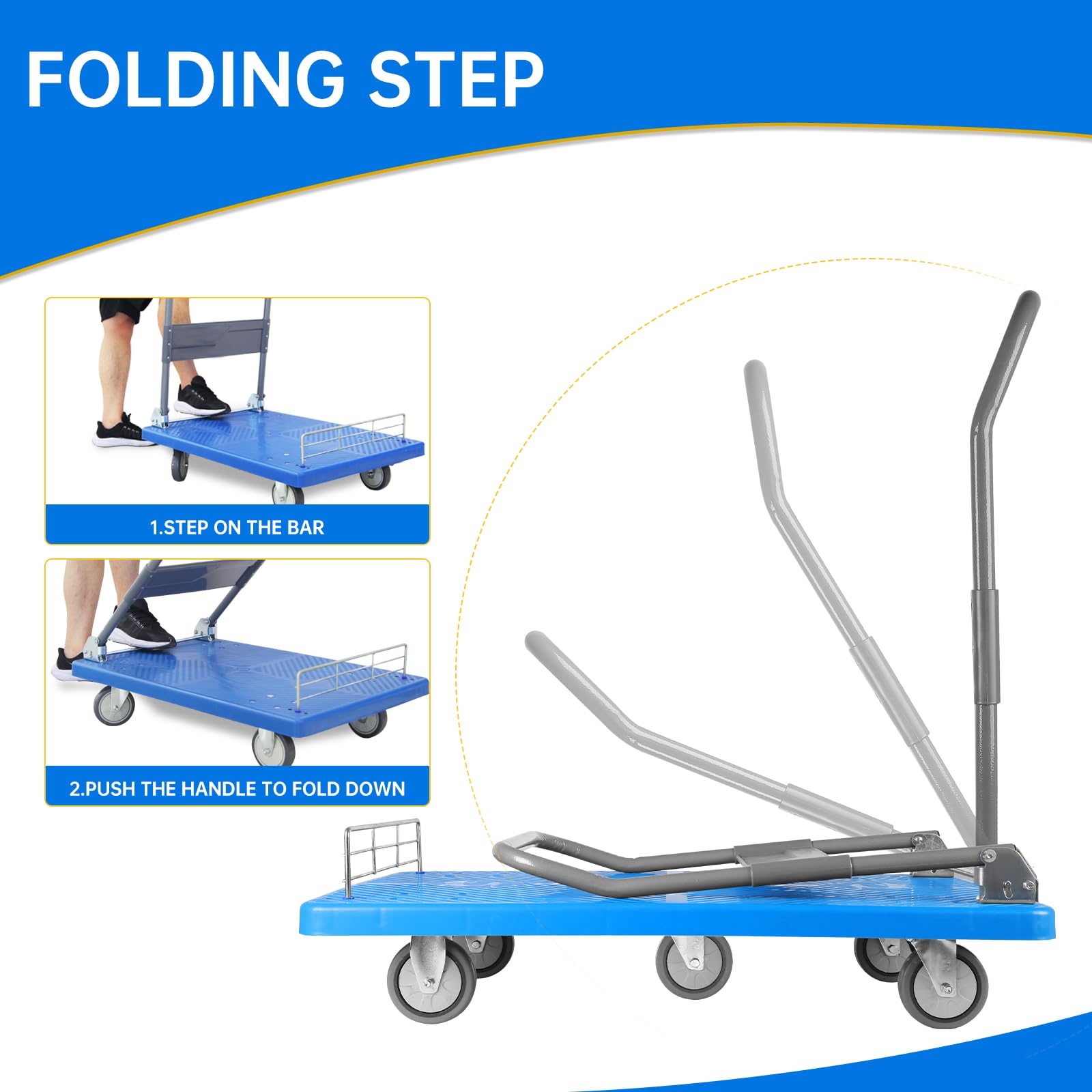 Platform Truck Dolly Cart Folding Platform Cart with 1320 lbs Weight Capacity and 360 Degree Swivel Wheels, 41" L x 24" W Foldable Push Hand Cart for Loading and Storage, 5 Wheels Blue