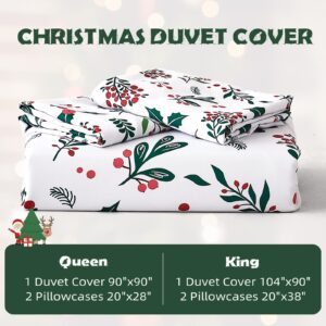 WONGS BEDDING Christmas Duvet Cover Set King,Merry Christmas Holly Berry Printed Bedding Duvet Cover,3 Pieces New Year Bedding Set with 2 Pillowcases 104”X 90”