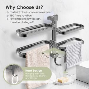 Pysrych No Drill Swivel Towel Rack Wall Mounted 4-Arm Towel Bar ABS Self-adhesive Towel Holder with Hook for Bathroom Shower Kitchen Grey