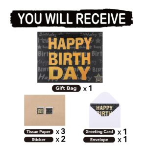 13" Large Black Gift Bag Set with Greeting Card and Tissue Paper(Gold Foil ‘Happy Birthday’) for Men's or Women's Birthday Party, Boys’, Girls’ or Kids' Birthday Parties, Baby Shower - 13”x5.2”x10.2”, 1 Pcs.