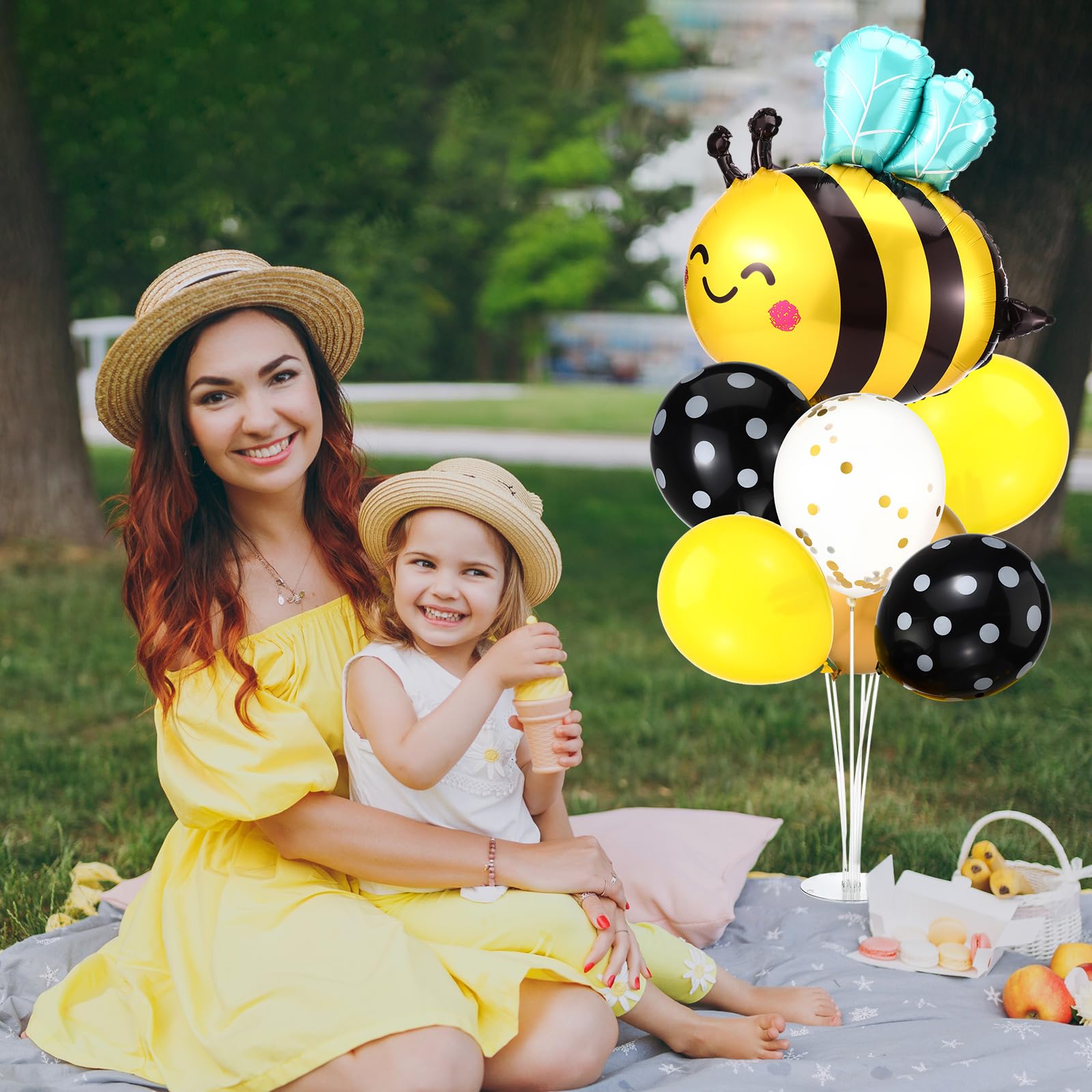 JellyArch 2 Sets Bee Theme Birthday Supplies Table Centerpiece Balloons Stand Kit with Honey Bee Foil Balloons and Latex Balloons for Honeybee Baby Shower Decorations Bee Themed Birthday Supplies