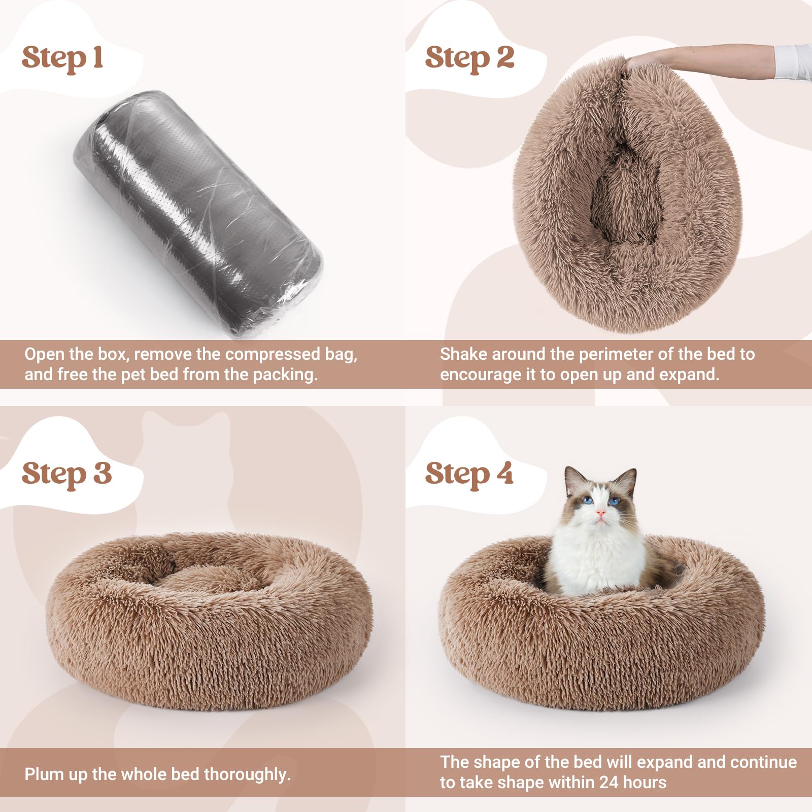 rabbitgoo Cat Beds for Indoor Cats, 20 inches Cat Bed Machine Washable, Fluffy Round Pet Bed Non-Slip, Calming Soft Plush Donut Cuddler Cushion Self Warming for Small Dogs Kittens, Light Brown, Medium