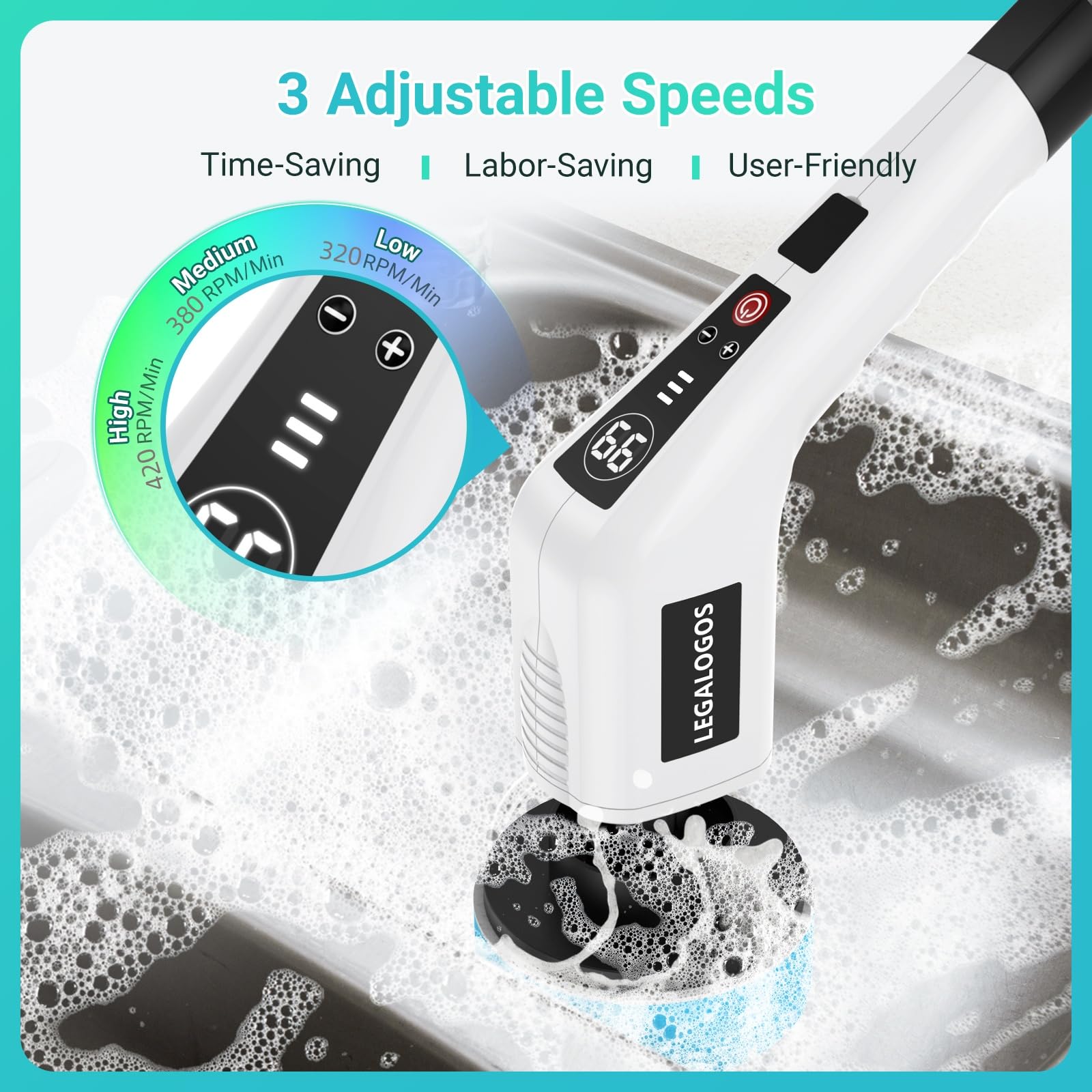 Electric Spin Scrubber, Shower Scrubber with Long Handle, 5000Mah Bathroom Scrubber-2024 New LED Battery Screen, 8 in 1 Replaceable Brush Heads, 420RPM/Mins-3 Adjustable Speeds for Bathroom Floor Tile