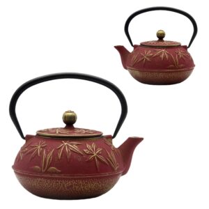 SECHUDO Cast Iron Teapot Tea Kettle with Stainless Steel Infuser for Stovetop Safe Coated with Enameled Interior Japanese Red Tetsubin with Maple Leaves Pattern(30.4oz/900ml)