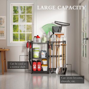 CICUFY Garden Tool Organizer Storage Metal Yard Tool Organizer Heavy Duty Garden Tool Rack Stand with 2 Extra Hooks, Up To 70 Long Handled Shovels/Rakes/Brooms Holder for Garage,Shed,Outdoor(Black)