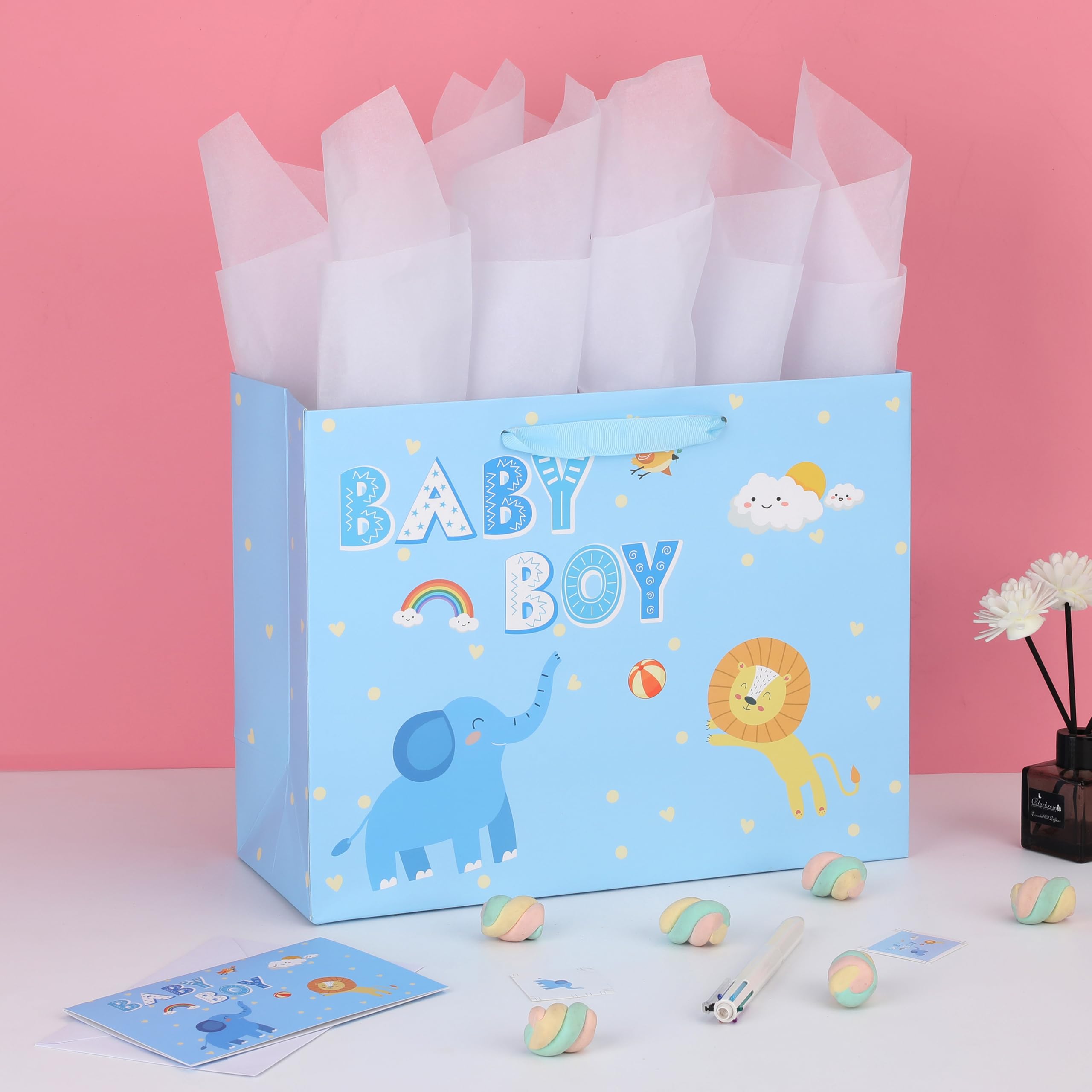 13" Large Blue Gift Bag Set with Greeting Card and Tissue Paper(Elephant and Lion Design) for Baby Boy,Baby Shower,Kids Birthday Party,Newborn,New Moms or Parents - 13” x 5.2” x 10.2”, 1 Pcs.