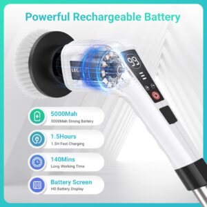 Electric Spin Scrubber, Shower Scrubber with Long Handle, 5000Mah Bathroom Scrubber-2024 New LED Battery Screen, 8 in 1 Replaceable Brush Heads, 420RPM/Mins-3 Adjustable Speeds for Bathroom Floor Tile