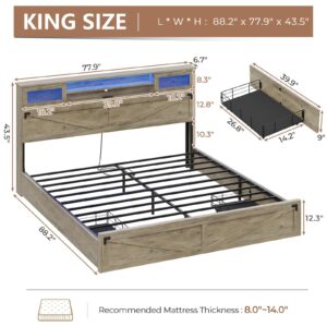 Hasuit Farmhouse Bed Frame King Size with Bookcase Headboard and 2 Drawers, Wooden Platform King Bed with LED Lights and Charging Station, Rustic Accent Headboard with Sliding Door, Rustic Brown