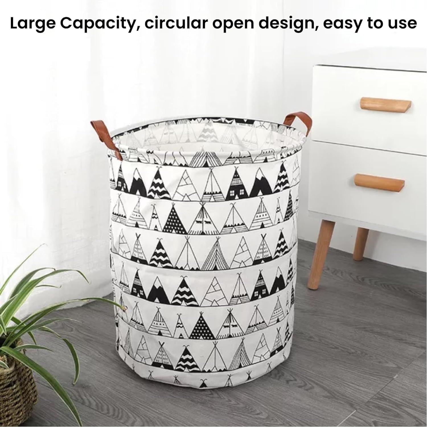 Nictemaw Laundry Hamper, Foldable Laundry Basket with Waterproof PE Coating, Canvas Fabric Round Large Storage Baskets with Leather Handles for Blankets, Clothes, Pillows, Shoes