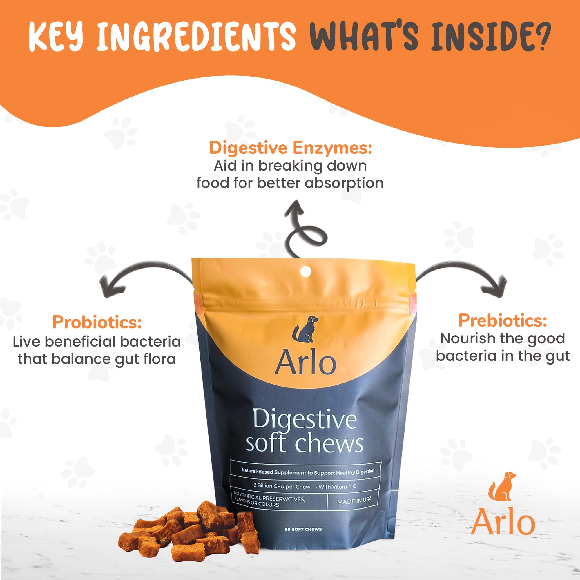 Arlo Pet Supplies Pre and Probiotics for Dogs & Puppies, Digestive Supplement, 60 Soft Chews, 2 Billion CFUs, Vitamin C, Supports Healthy Digestion, Helps Reduce Gas, Bloating, Irregularity