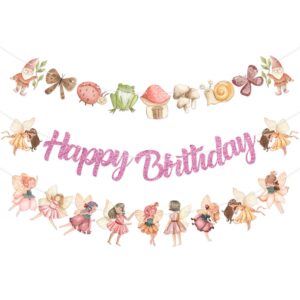 fairy happy birthday banner pink - 3pcs glitter wonderland garden fairy banner garlands for little girl, no diy, perfect for whimsical fairy tale themed birthday celebration event decorations