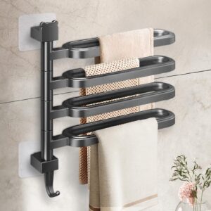 pysrych no drill swivel towel rack wall mounted 4-arm towel bar abs self-adhesive towel holder with hook for bathroom shower kitchen black