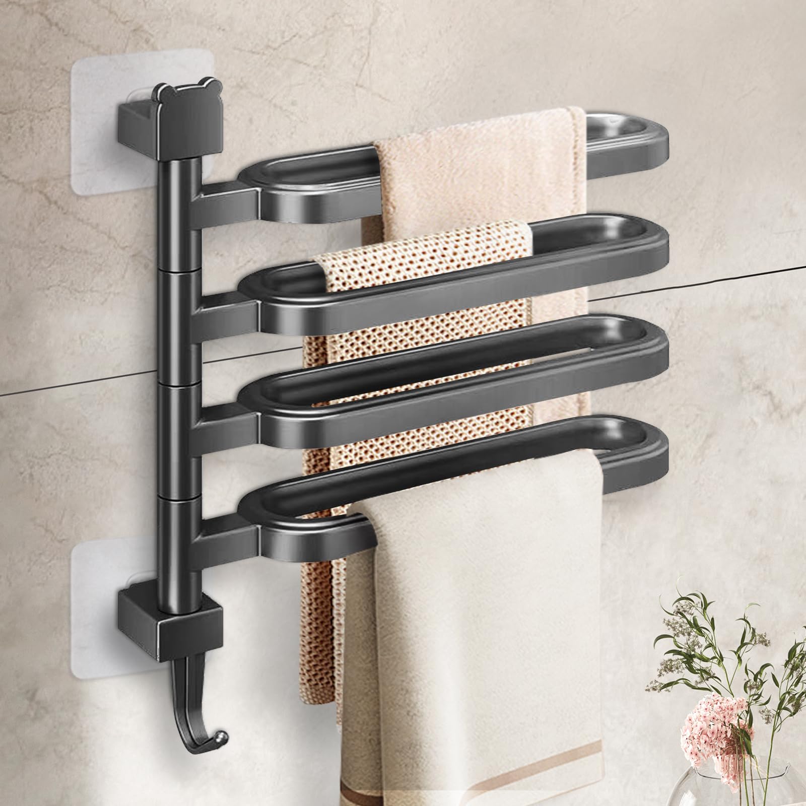 Pysrych No Drill Swivel Towel Rack Wall Mounted 4-Arm Towel Bar ABS Self-Adhesive Towel Holder with Hook for Bathroom Shower Kitchen Black