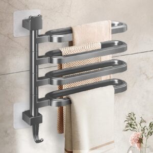 pysrych no drill swivel towel rack wall mounted 4-arm towel bar abs self-adhesive towel holder with hook for bathroom shower kitchen grey