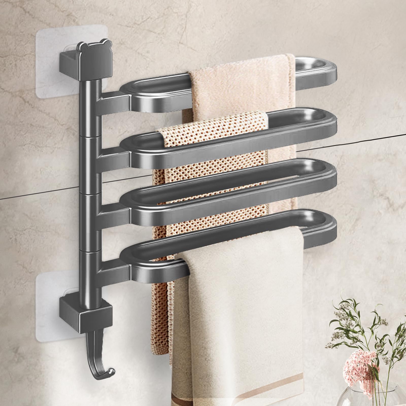 Pysrych No Drill Swivel Towel Rack Wall Mounted 4-Arm Towel Bar ABS Self-adhesive Towel Holder with Hook for Bathroom Shower Kitchen Grey