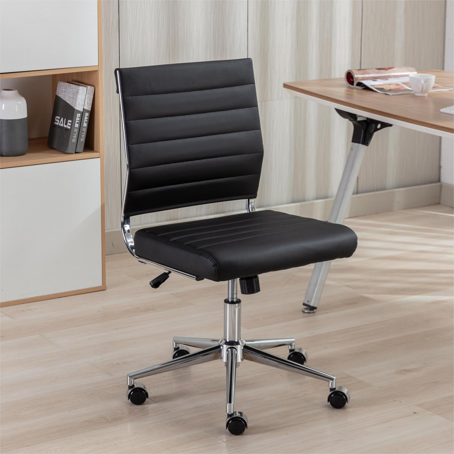 Okeysen Armless Office Desk Chair, Mid Back Ergonomic Swivel Conference Room Chair, Adjustable Height PU Leather Home Desk Chair, Modern Small Rolling Computer Task Chair, Black