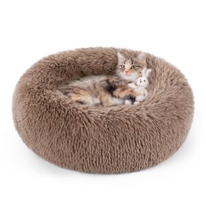 rabbitgoo cat beds for indoor cats, 20 inches cat bed machine washable, fluffy round pet bed non-slip, calming soft plush donut cuddler cushion self warming for small dogs kittens, light brown, medium