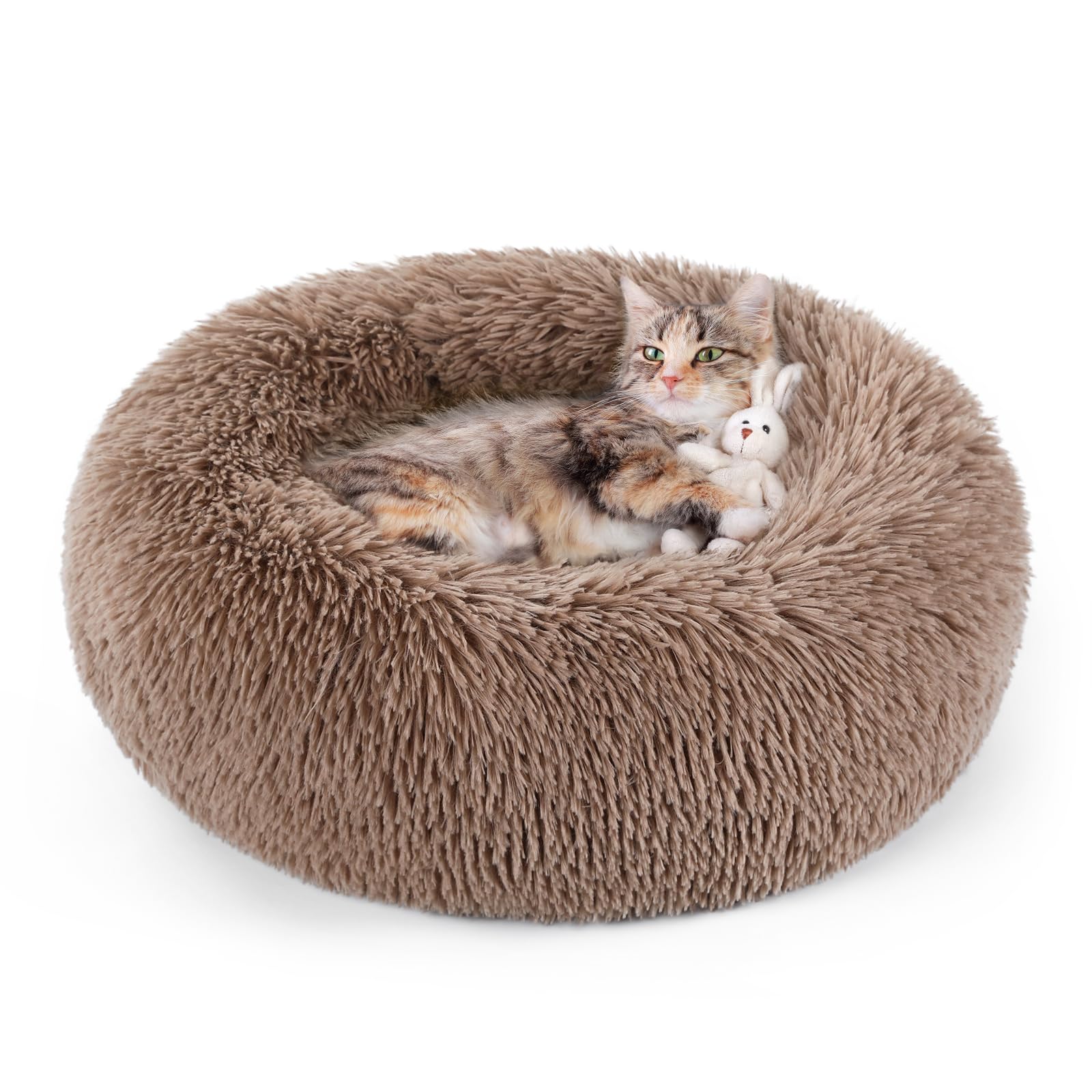 rabbitgoo Cat Beds for Indoor Cats, 20 inches Cat Bed Machine Washable, Fluffy Round Pet Bed Non-Slip, Calming Soft Plush Donut Cuddler Cushion Self Warming for Small Dogs Kittens, Light Brown, Medium