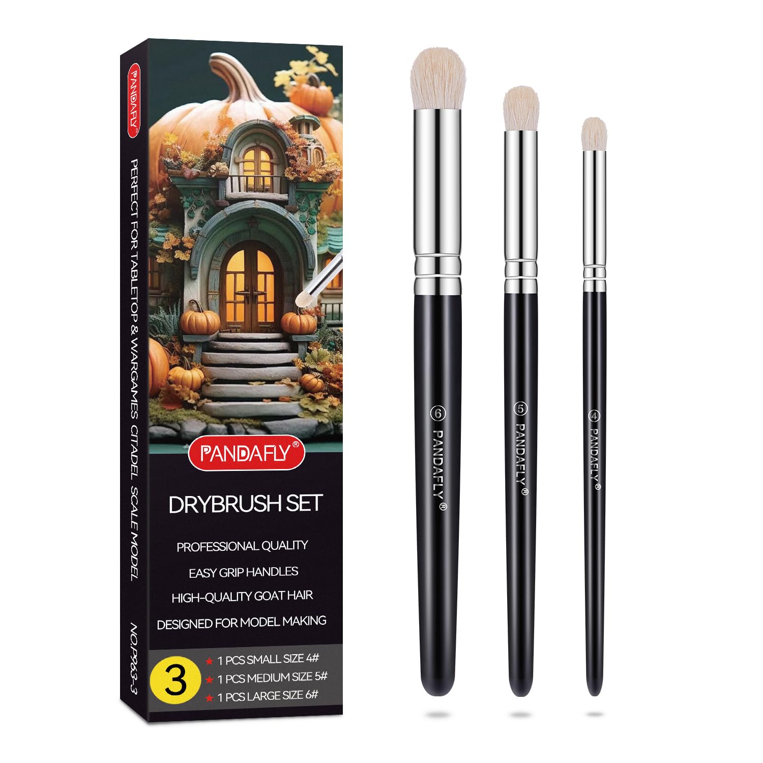 PANDAFLY Drybrush Set - 3 Sizes Hobby Detail Paint Brush Set, Acrylic Paint Brushes for Tabletop & Wargames, 40k, DND Miniatures, Citadel, Scale Model, Watercolor Oil Painting