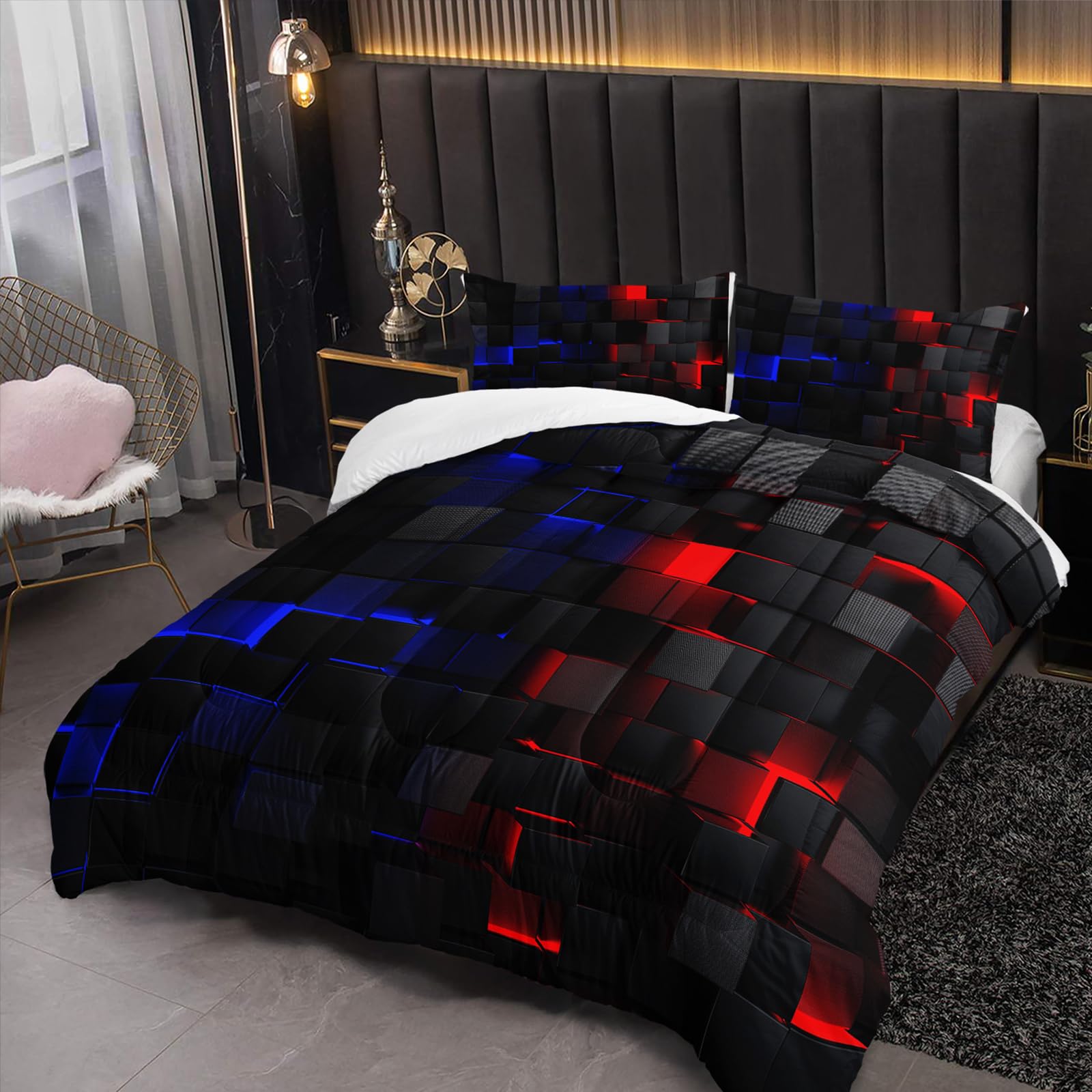 Nttopship Red and Blue Checkered Comforter Set Full Honeycomb Bedding Sets 3PCS for Kids Teen Adult Boy Room Decor Ultra-Soft Lightweight Microfiber 1 Comforter with 2 Pillowcases