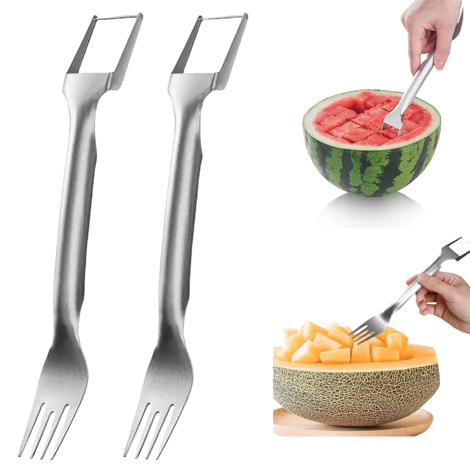 2-in-1 Stainless Steel Fruit Cutter,Watermelon Fork Slicer Cutter Slicer Tool, Dual Head Fruit Forks Slicer Watermelon Cutter Tool, for Home Kitchen Camping Gadget (2PCS)