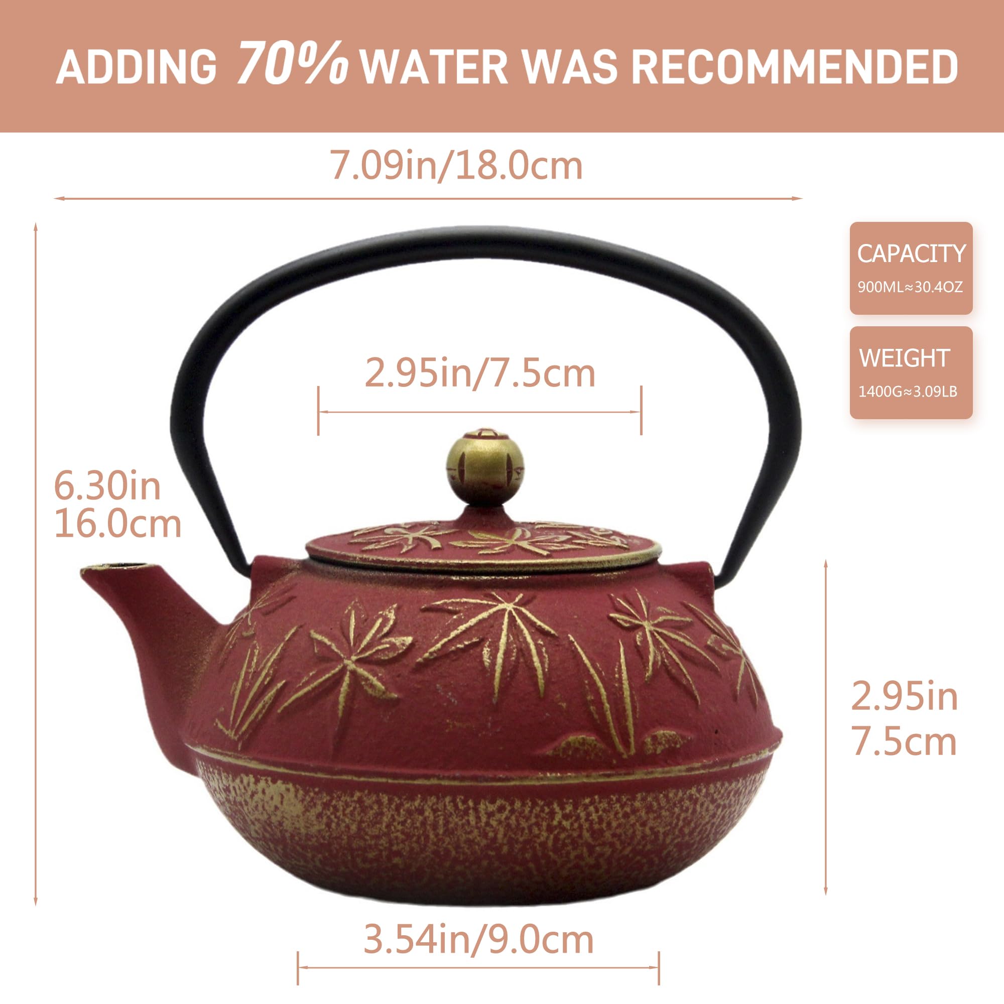 SECHUDO Cast Iron Teapot Tea Kettle with Stainless Steel Infuser for Stovetop Safe Coated with Enameled Interior Japanese Red Tetsubin with Maple Leaves Pattern(30.4oz/900ml)