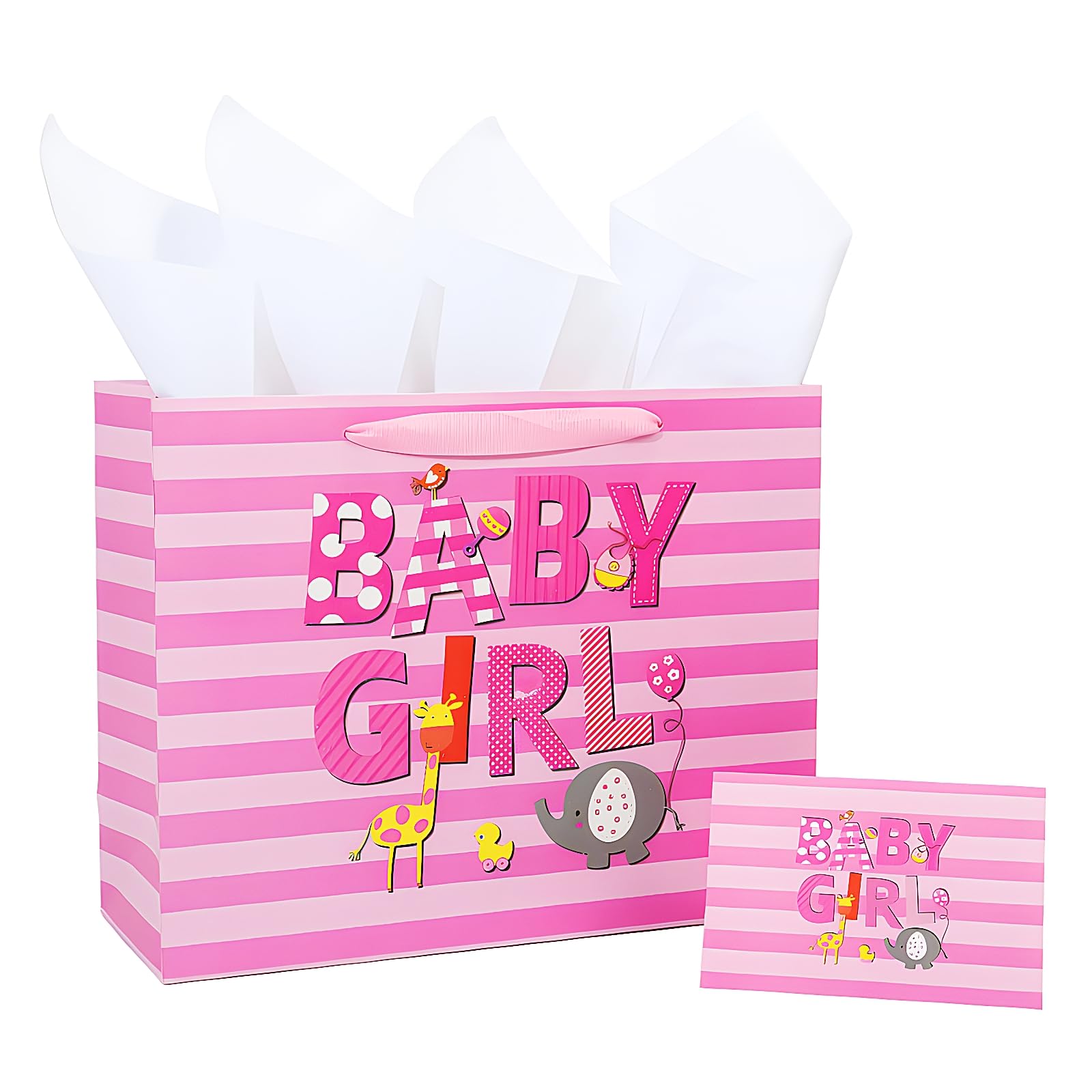 13" Large Baby Girl Gift Bag with Tissue Paper and Greeting Card for Kids, Baby Shower, Birthday Party（Cartoon animal design)