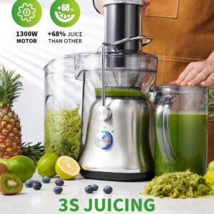 GDOR 1300W Powerful Juicer with Larger 3.4" Feed Chute, Titanium Enhanced Cutting System, Centrifugal Juice Extractor Maker with Heavy Duty Full Copper Motor, Dual Speeds, BPA-Free, Silver