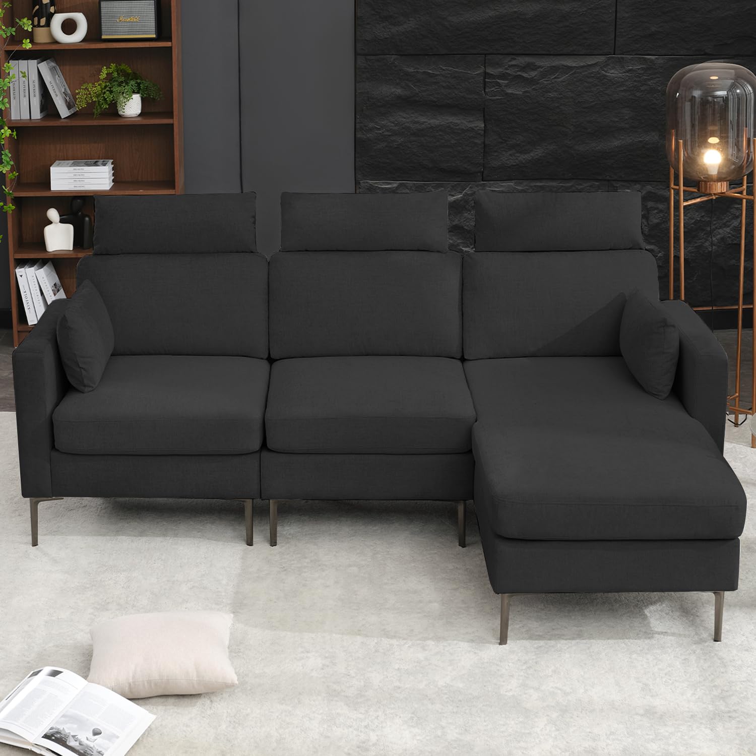 ROWHY 90.6'' Oversized Convertible Sectional Couches for Living Room, 3 Seat Large Modular Sectional Sofa, High Back Modern L Shaped Couch with Reversible Chaise, Dark Gray