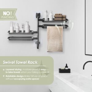 Pysrych No Drill Swivel Towel Rack Wall Mounted 4-Arm Towel Bar ABS Self-Adhesive Towel Holder with Hook for Bathroom Shower Kitchen Black