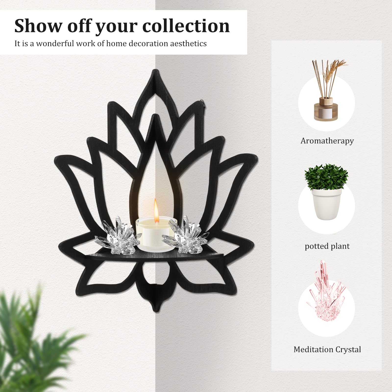 Tcwhniev Water Lily Flower Corner Shelves, Wooden Water Lily Crystal Shelf, Black Wall Crystal Display Shelf Decorative Water Lily Floating Shelf Wall Hanging Shelves for Bedrooms Offices Living Room