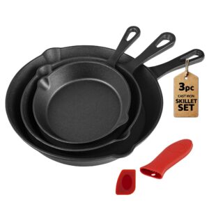 cast iron skillet 3-piece set - professional pre-seasoned heavy-duty pan cookware - 10 inch, 8 inch, 6 inch pans with scraper & handle sleeve for frying, sautéing, cooking, baking