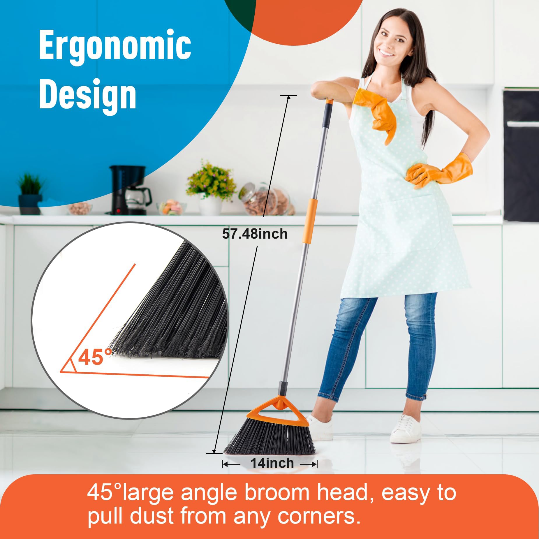 CLEANHOME 3 Pack Heavy Duty Outdoor Broom with Long Handle for Patio,Lobby,Garden,Kitchen,Deck,Yard,Sweeping -Commercial Grade Angle Broom with Stiff Bristles and Sponge Handle