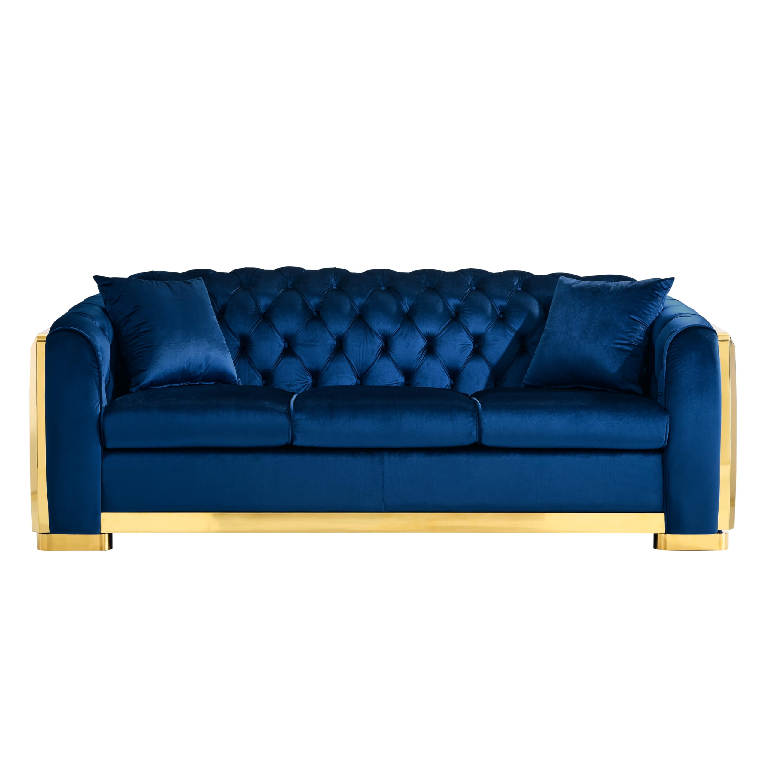 JUSTONE 81.1'' Black Velvet Chesterfield Sofa Couch for Living Room,Luxury Tufted 3 Seat Couch with Gold Stainless for Apartment Office,Navy Blue