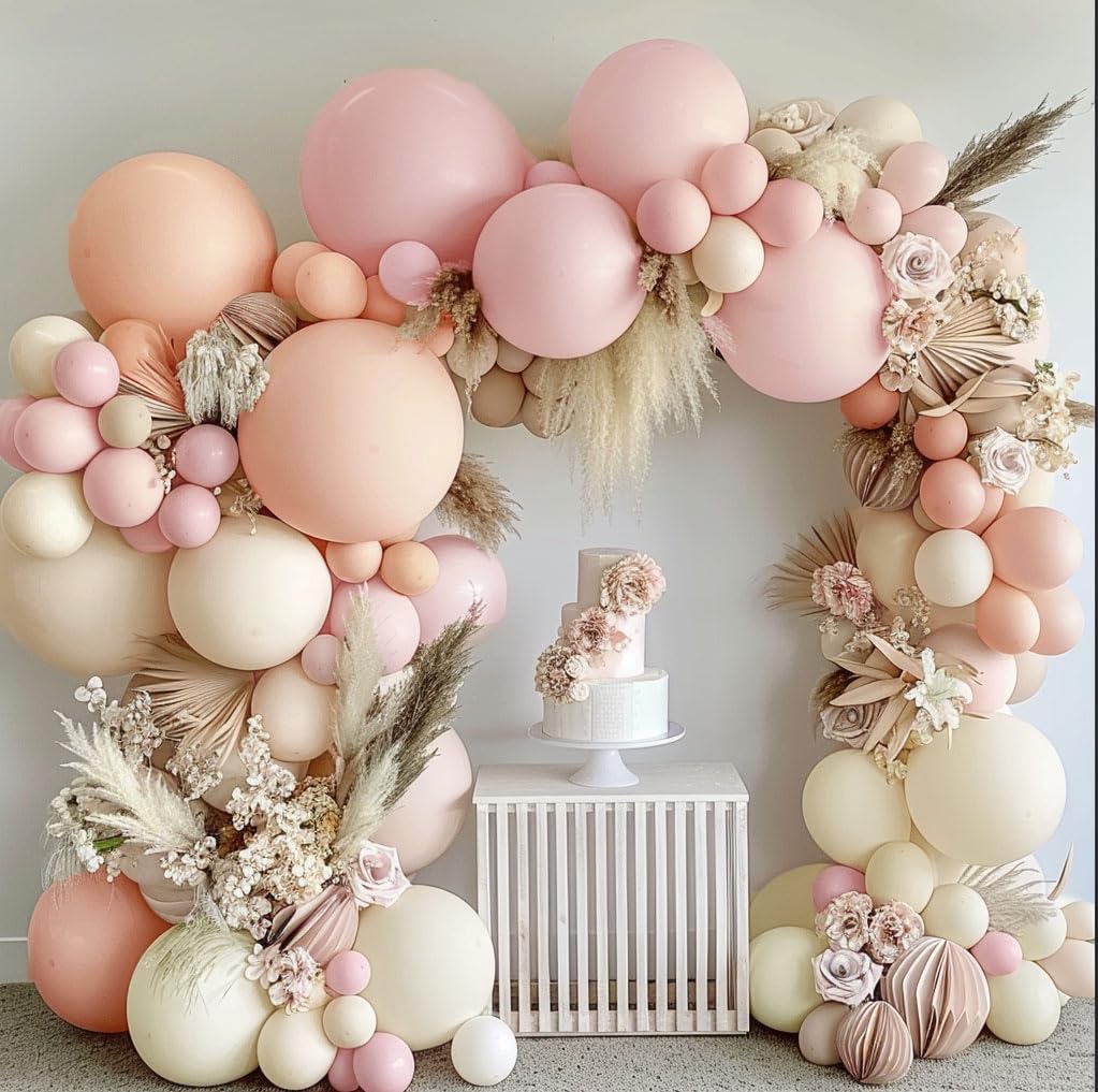 Pink White Balloon Garland Double Stuffed Baby Pink Blush Balloons Pastel Pink Cream Beige Balloons Light Pink Ivory Balloon Arch Kit for Boho Birthday Baby Shower Wedding Bridal Party Decor