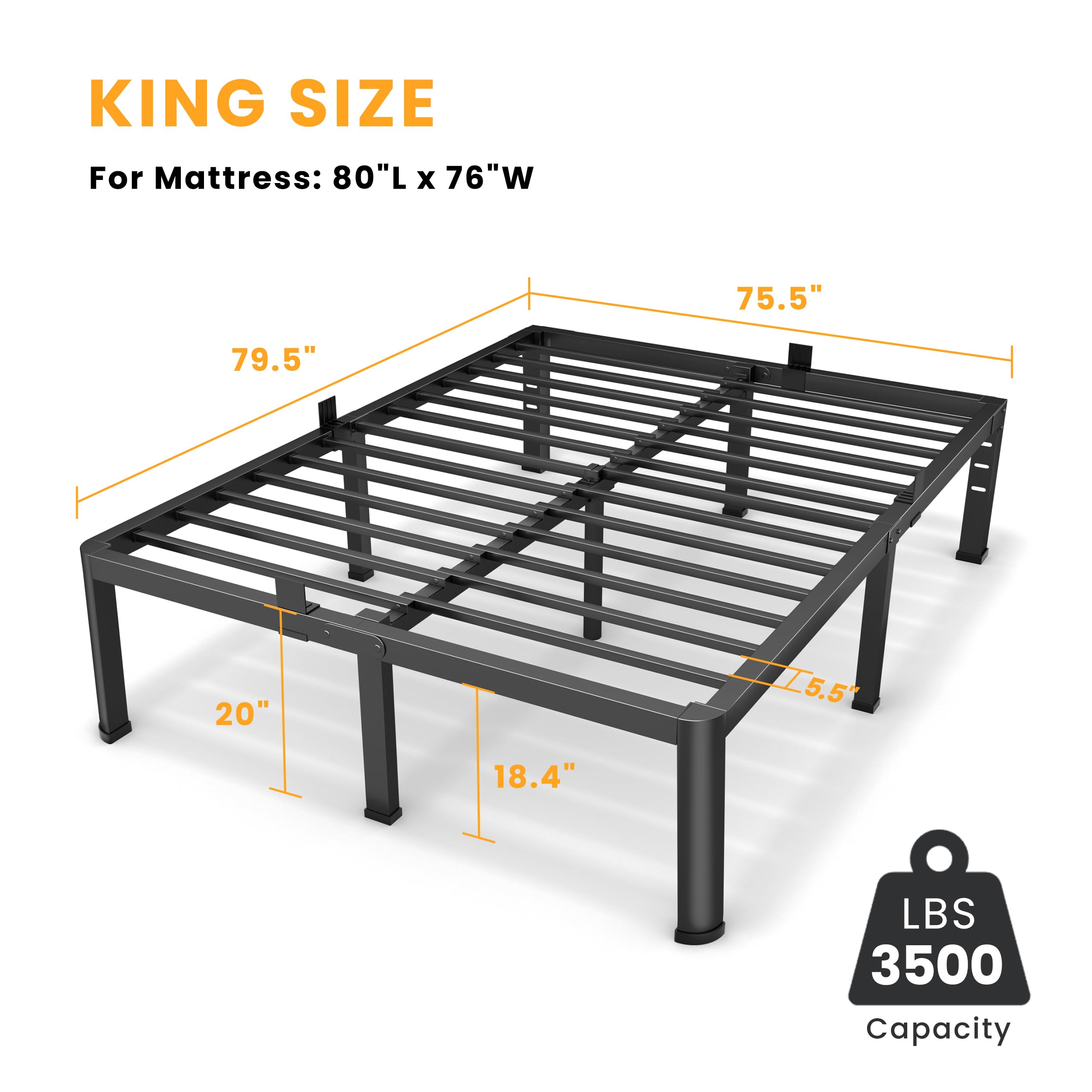 Superay 20 Inch King Size Metal Platform Bed Frame with Round Corners, Storage Space Under High Bed Frame-Heavy Duty Steel Slats Support, Noise Free - Easy Assembly - No Box Spring Needed