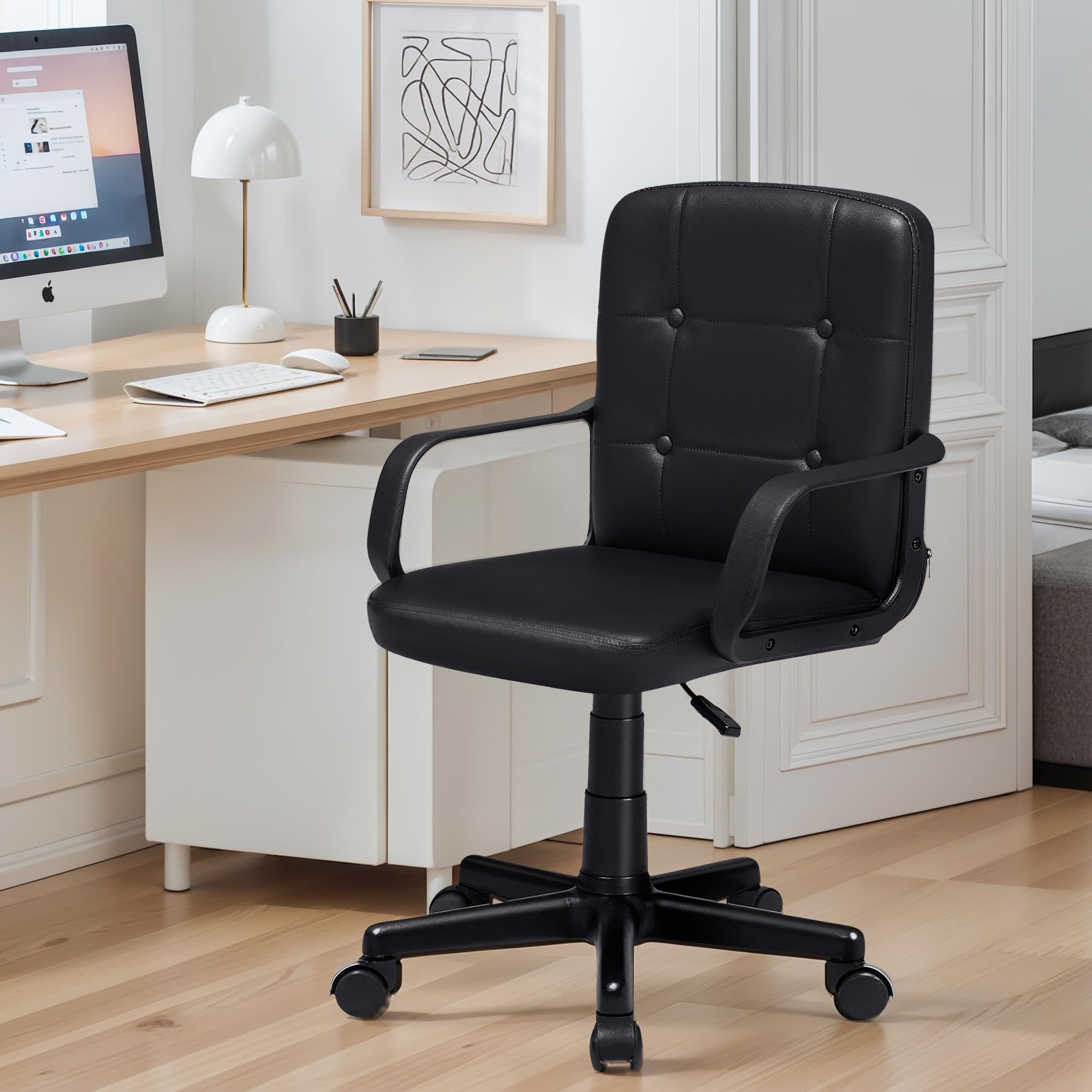 VECELO Desk Chair, Home Office Swivel Chairs PU Leather Height Adjustable with Wheels, Black