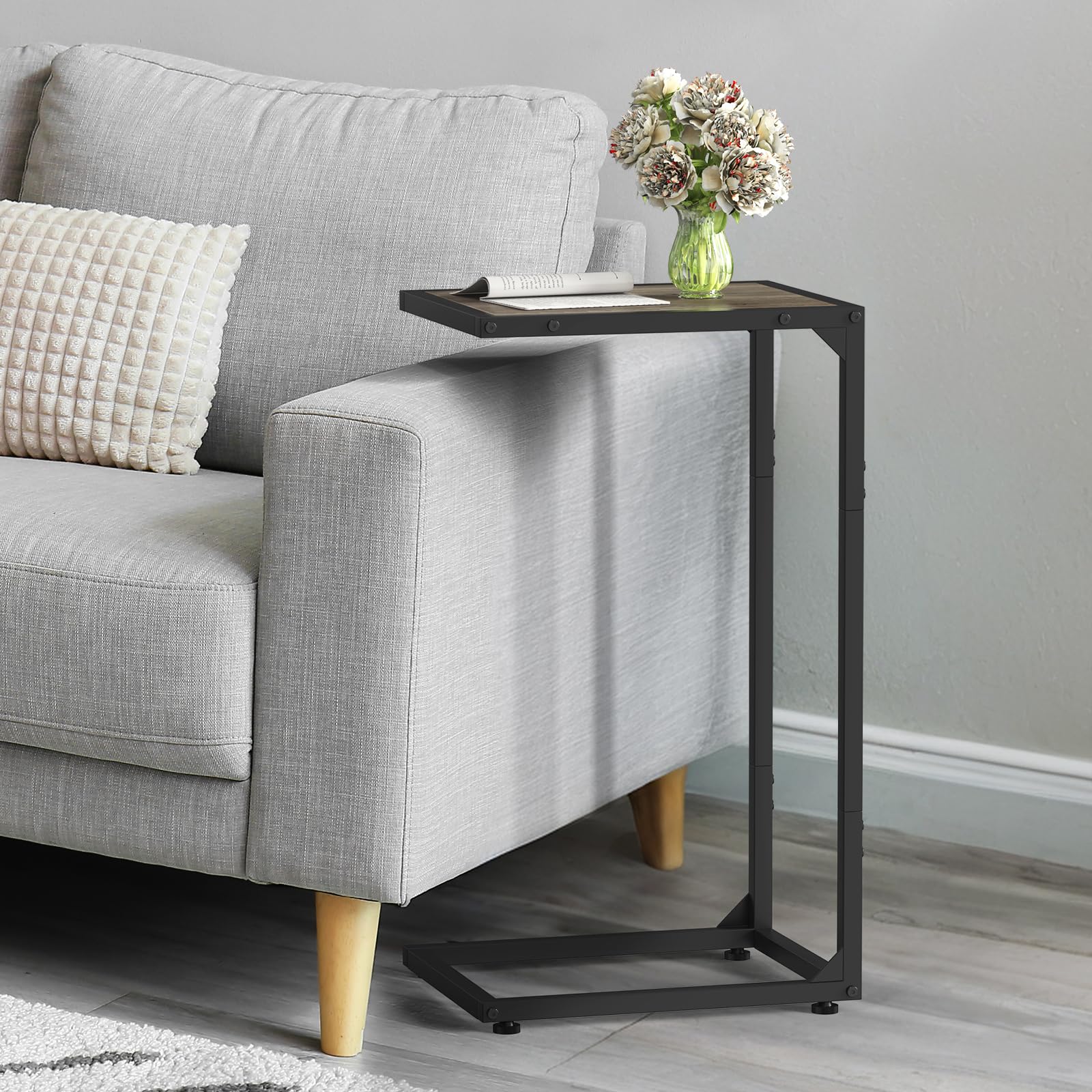 NOVIMANGO Couch End Table C Shaped Side Table Set of 2 Sofa Side Table Couch Tables That Slide Under Grey Couch Table End Table for Small Space TV Tray Table for Living Room, Bedroom