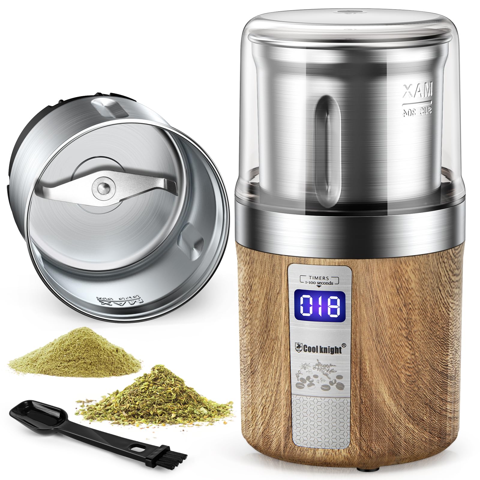 COOL KNIGHT Herb Grinder, Spice Grinder, Electric Grinder with Timer, 304 Stainless Steel Blades and Removable Stainless Steel Bowl, Large Capacity for Quick Grinding of Spices,Herbs,Coffee Beans,etc