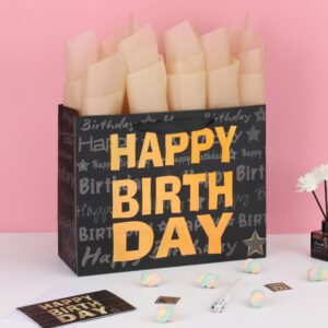 13" Large Black Gift Bag Set with Greeting Card and Tissue Paper(Gold Foil ‘Happy Birthday’) for Men's or Women's Birthday Party, Boys’, Girls’ or Kids' Birthday Parties, Baby Shower - 13”x5.2”x10.2”, 1 Pcs.