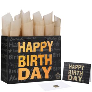 13" large black gift bag set with greeting card and tissue paper(gold foil ‘happy birthday’) for men's or women's birthday party, boys’, girls’ or kids' birthday parties, baby shower - 13”x5.2”x10.2”, 1 pcs.