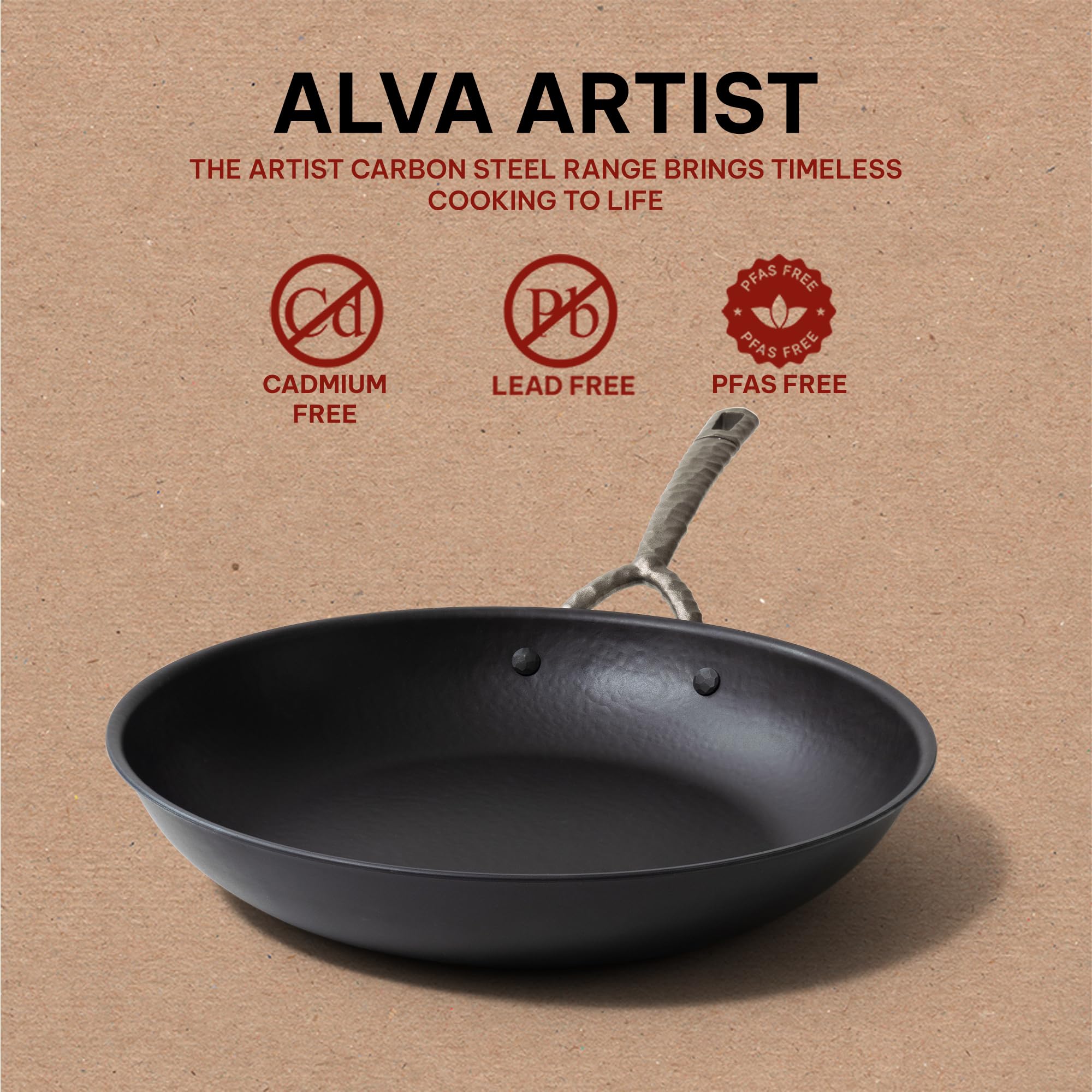 Alva Artist Nonstick Carbon Steel Frying Pan Skillet Pre-Seasoned Non Toxic Cookware Stay Cool Handle 11" PFAS, PFOA & PFTE Free, for Cooking Pan Set, Induction Safe, Add to Your Pots and Pans Set