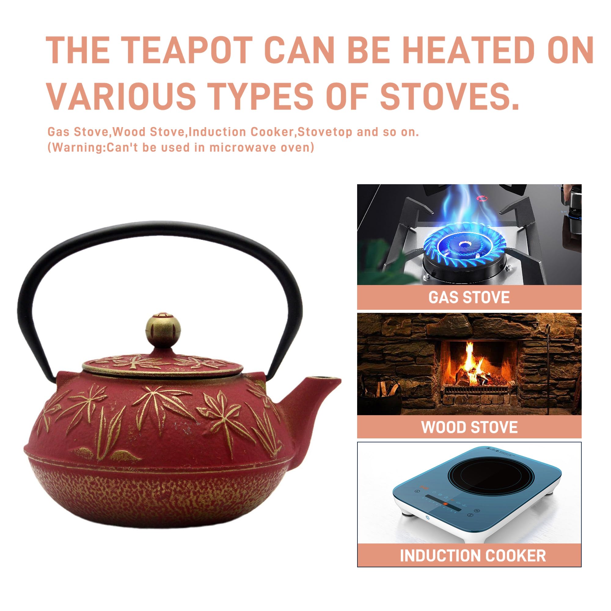 SECHUDO Cast Iron Teapot Tea Kettle with Stainless Steel Infuser for Stovetop Safe Coated with Enameled Interior Japanese Red Tetsubin with Maple Leaves Pattern(30.4oz/900ml)