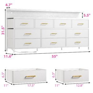 EnHomee 55" W White Dresser for Bedroom with 10 Drawers Long Dressers & Chests of Drawers with LED Lights & Power Outlets Large Dresser for Bedroom Dresser for Closet, Hallway, Metal Frame, White