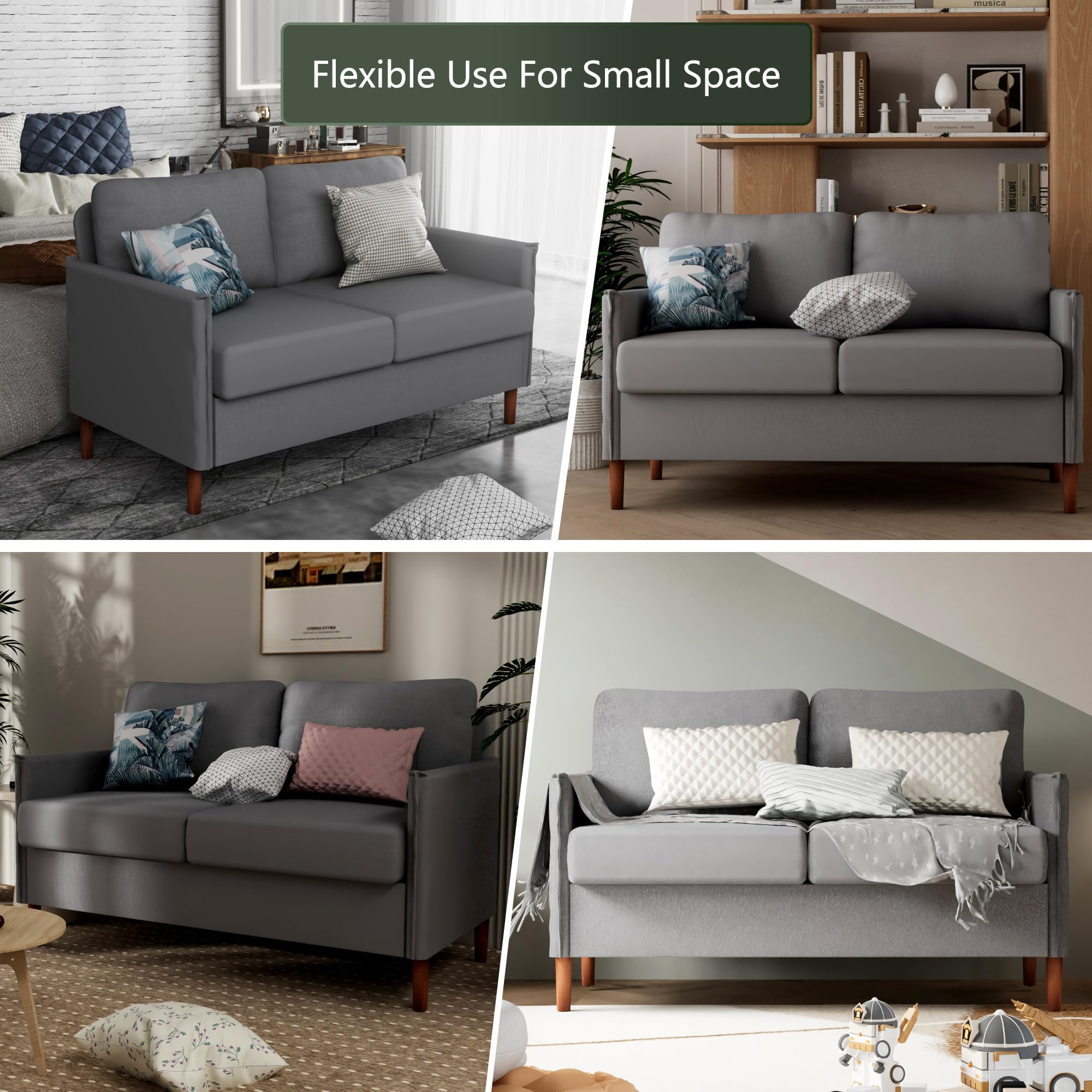 Ribilake Loveseat Sofa, 52” Small Couch for Living Room, Tool-Free Setup Sofas, 2 Seater Love Seats Couch for Bedroom, Home Office, Small Space, Light Grey